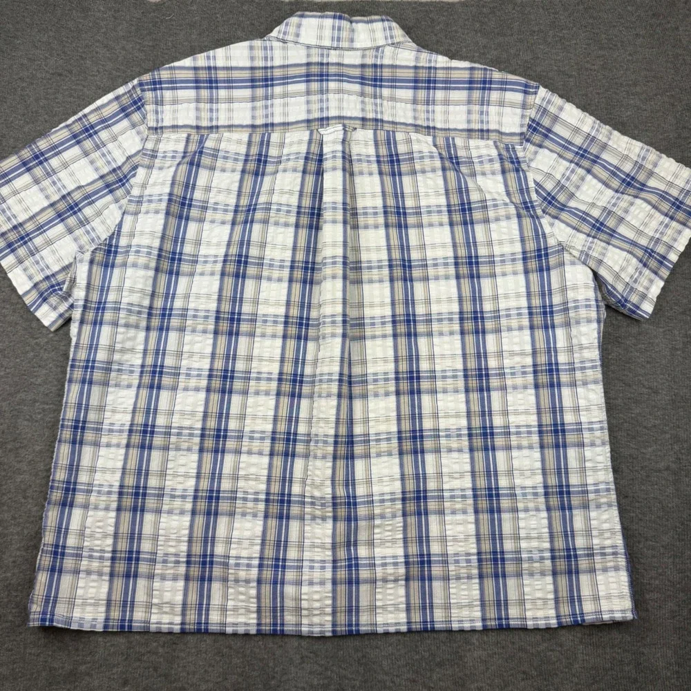 Saddlebred Button Down Shirt‎ Mens L Blue Plaid Seersucker Texture Short Sleeve